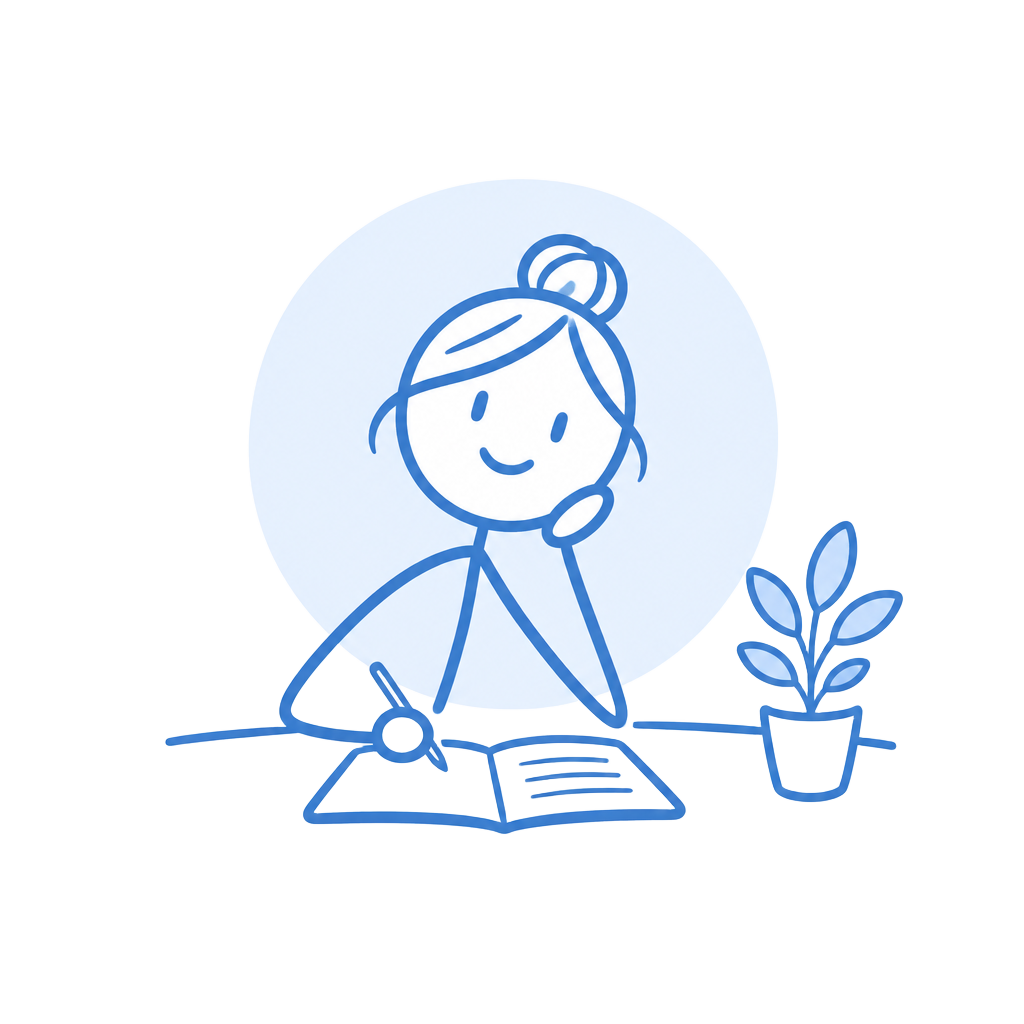 Illustration of Keya Sampat seated at a desk with a notebook