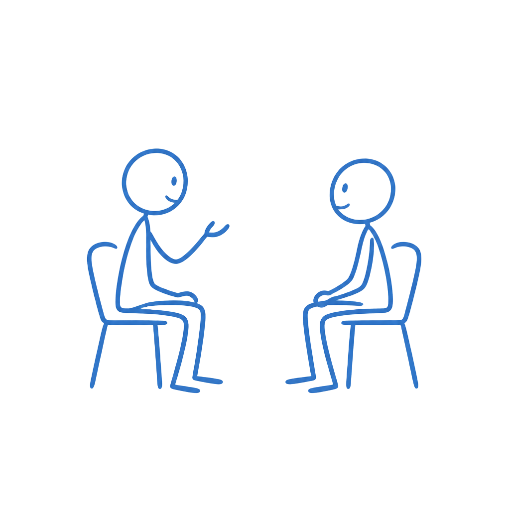 Illustration of two seated figures in conversation during a therapy session